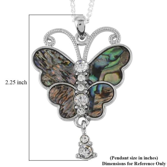 Abalone Shell and Austrian Crystal Butterfly Pendant Necklace 18 Inches - Picture 5 of 5